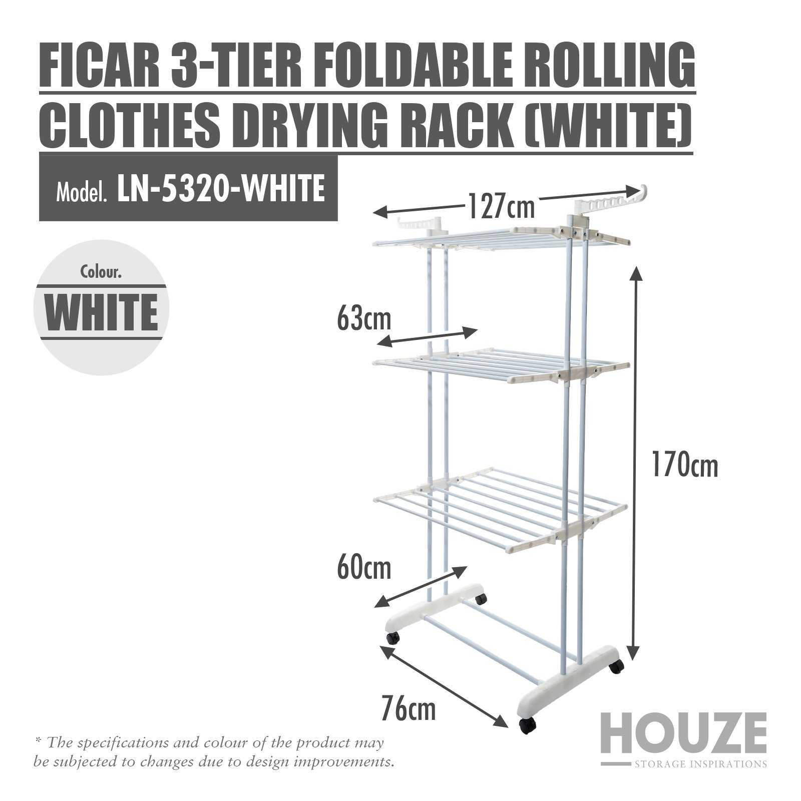 LN-5320-White-Dimension-HOUZE-Template-1 Ficar 3-Tier Foldable Rolling Clothes Drying Rack