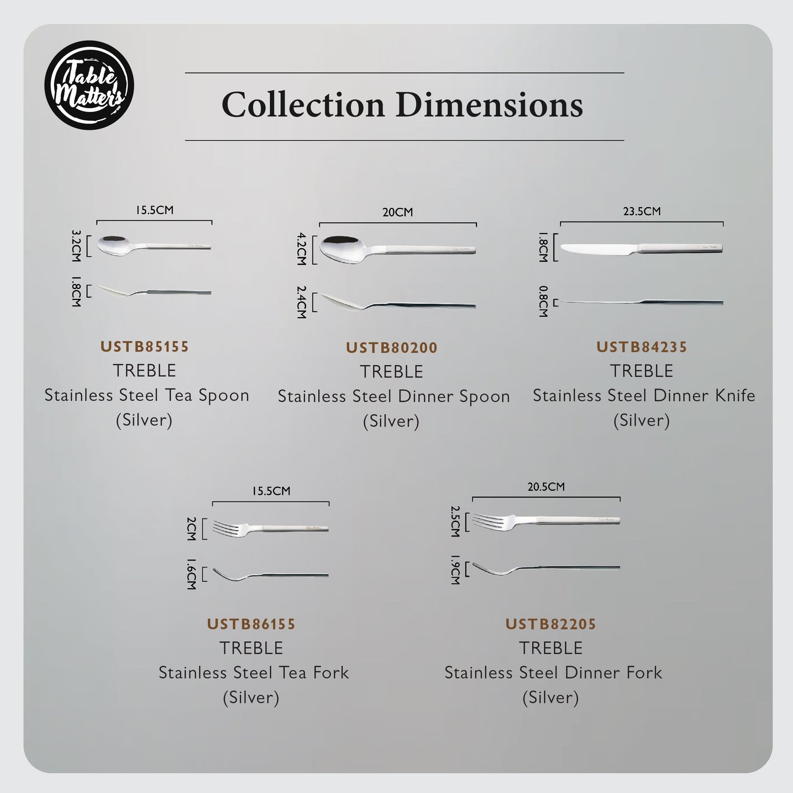 Treble Stainless Steel Cutlery Set [Dinner Spoon | Dinner Fork | Dinner Knife | Tea Spoon | Tea Fork]